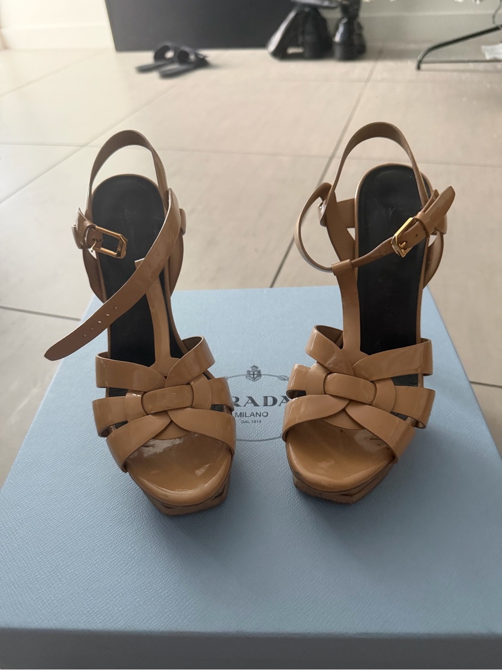 Yves Saint Laurent Tan Knotted Patent Leather Platform Sandals